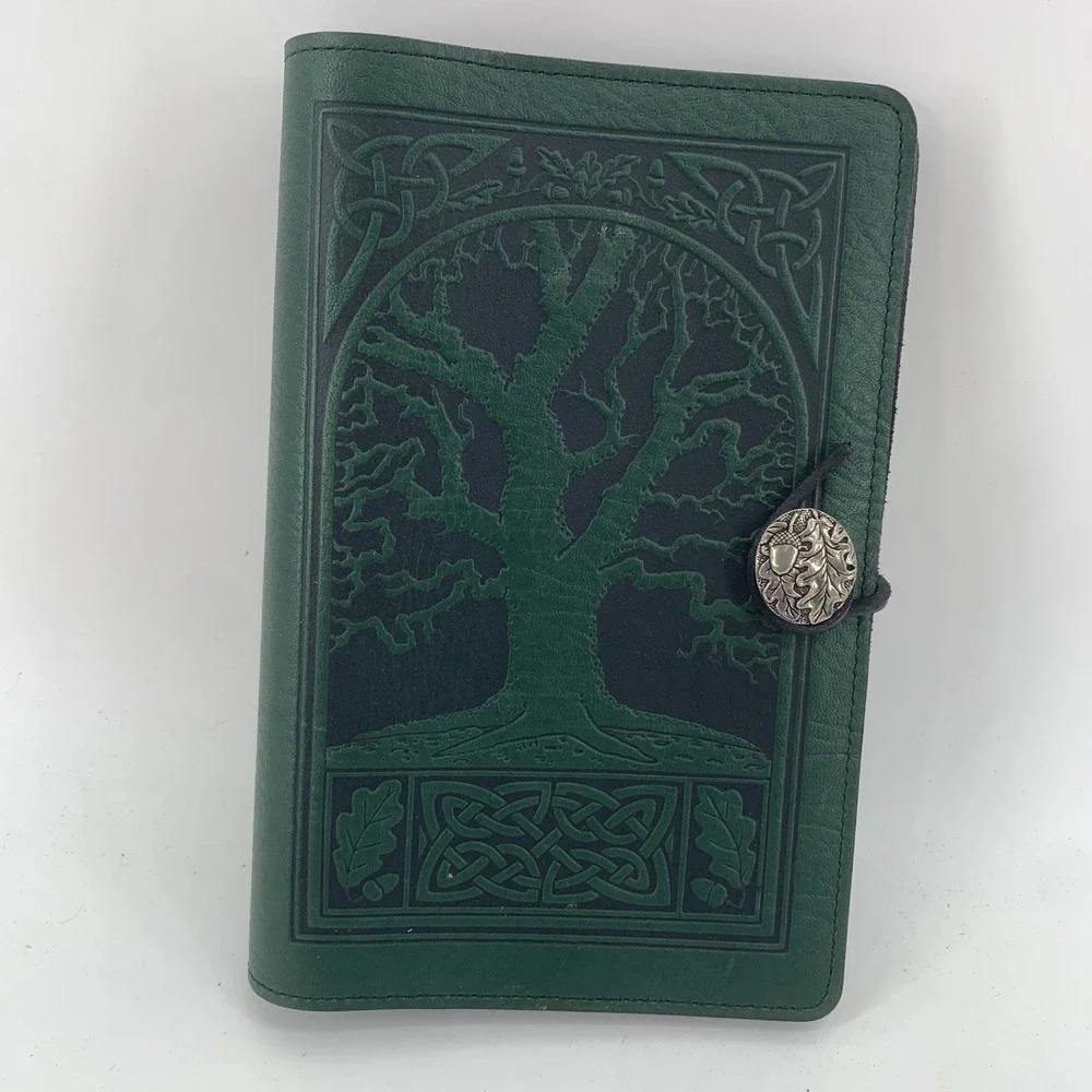 Oberon Design Tree of Life Leather Journal Cover Green Celtic Knot Pewter Button